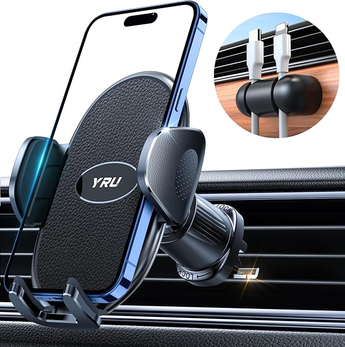 YRU Car Phone Holder [2025 Upgraded Metal Hook Clip], Phone Holders for Your Car [No Fear of Bumps] Air Vent Cellphone Mount Widely Compatible with iPhone16 15 14 13 12 Samsung Android, Black