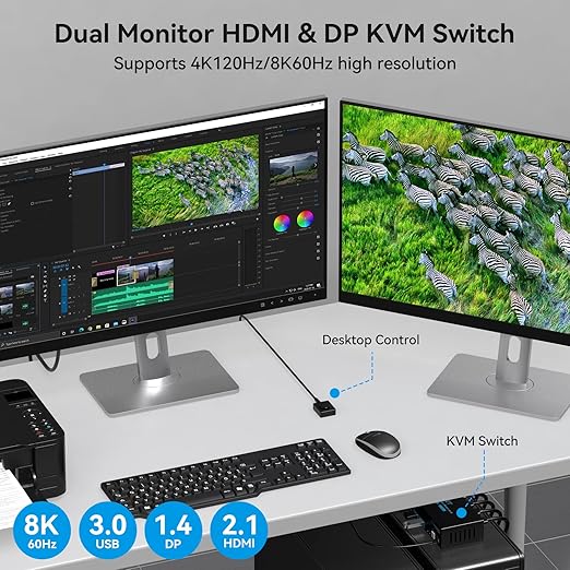 4K@120Hz Kvm Switch 2 Monitors 2 Computers 8K@60Hz HDMI Displayport Dual Monitor KVM Switches 2 Ports for 2 PC Share Mouse Keyboard and 2 Screens with USB 3.0 Cables and Extended Controller