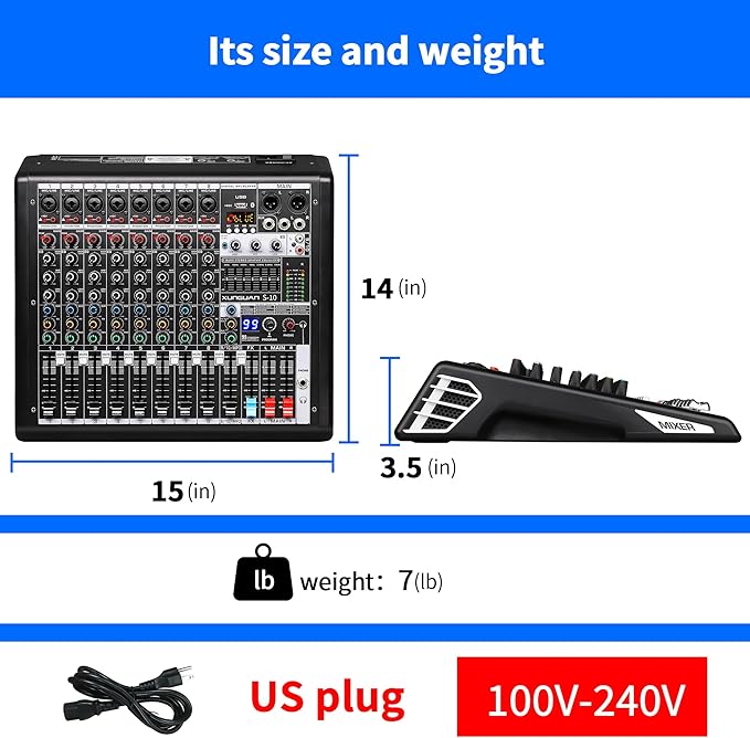 S-10 Audio Mixer 10 channel 8 channel Professional DJ Mixing Console with Reverb MP3 Player Bluetooth 48V Phantom Power Supply USB Recording for Studio Karaoke Live Music