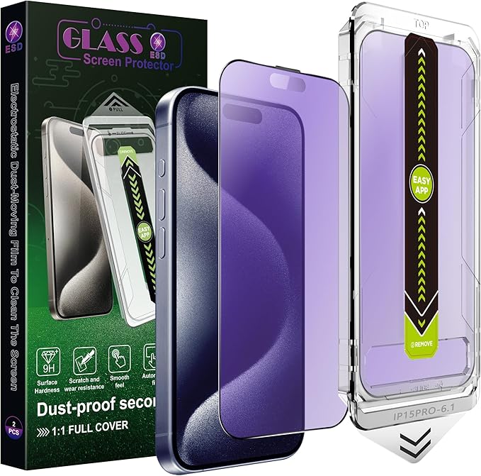 (2-Pack Anti Blue Light Matte Screen Protector for iPhone 15 Pro (6.1-Inch),9H Tempered Glass,Anti-Glare,Full Coverage,Anti-Fingerprint,Auto Dust Removal,Bubble-Free