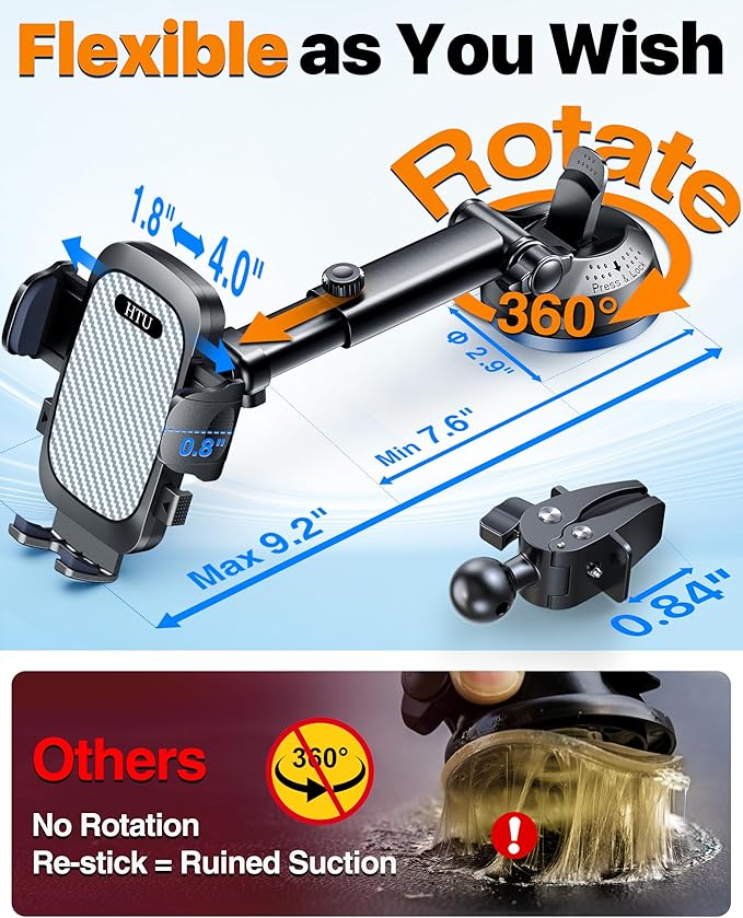 HTU 2025 Best Car Phone Holder 【Ultimate 5-in-1 & Upgraded 100+LBS Strongest Suction】【True Military-Grade & Safety Cert】 360° Windshield Dashboard Vent Mount Stand for iPhone Android & Truck, Grey