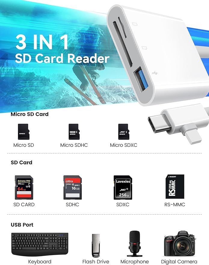 SD Card Reader for iPhone, SD Card Adapter with Lightening & USB C Dual Connectors Plug&Play Supports microSD, SD and USB-A OTG, Portable Trail Camera Memory Reader for iPhone Mac MacBook iPad