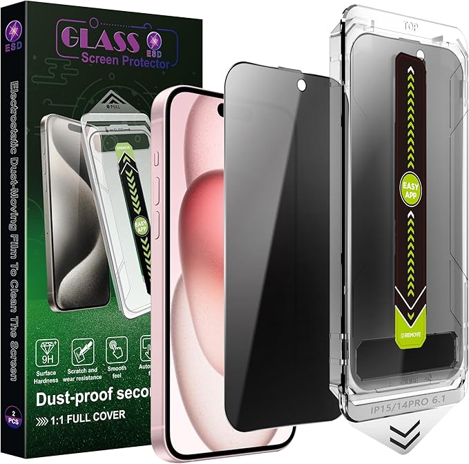 (2-Pack Anti-Spy Privacy Screen Protector for iPhone 14 Pro/15/16(6.1-Inch),9H Tempered Glass,Full Coverage,Anti-Fingerprint,Auto Dust Removal,Bubble-Free,Easy Installation
