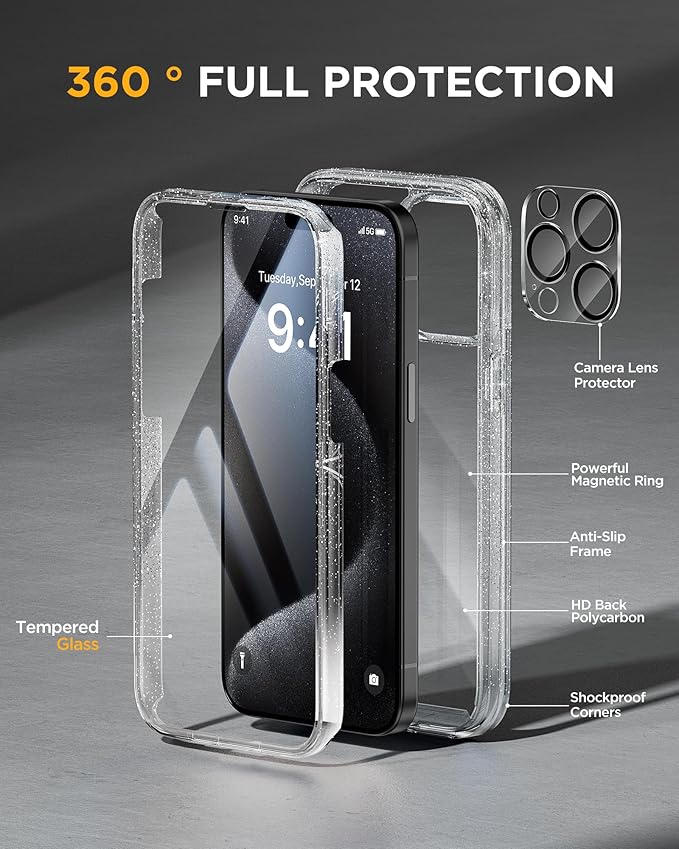Miracase Glass Series for iPhone 15 Pro Max Case 6.7 Inch, Full-Body Drop Proof Phone Case for iPhone 15 Pro Max with Built-in 9H Tempered Glass Screen Protector + Camera Protector, Clear Glitter