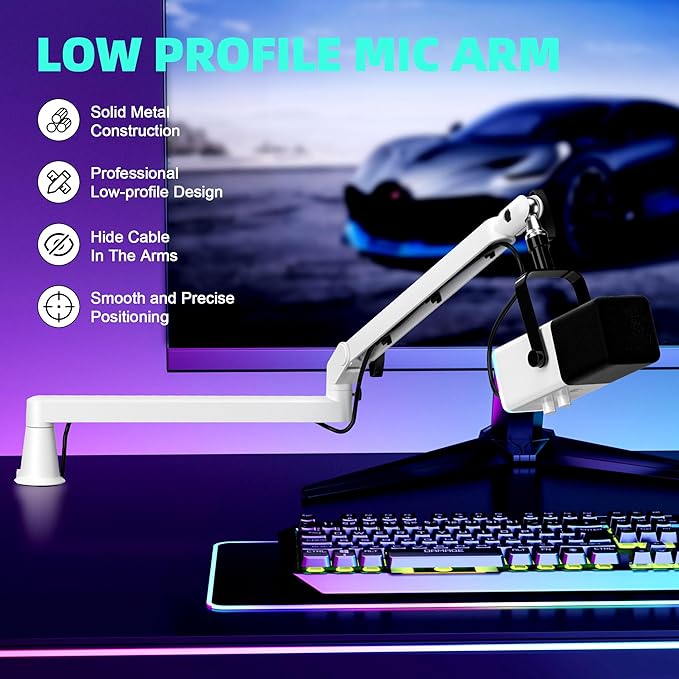 Low Profile Mic Arm Microphone Boom Arm Professional Adjustable with 15cm Riser Solid Desk Mount Clamp Cable Management Microphone Holder Stand for Podcast Streaming Gaming Mic Stand White