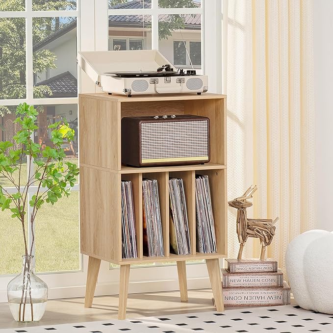 Lerliuo Record Player Stand, Burlywood Turntable Stand Holds up to 160 Albums, Mid-Century Vinyl Storage Cabinet Table with Solid Wood Legs, Record Player Holder Dispaly Shelf for Bedroom Living Room