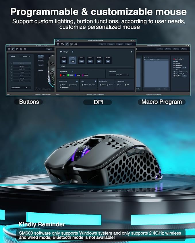 SM600 Honeycomb Shell Gaming Mouse Wireless,8000 DPI Tri-Modes BT5.1/2.4G Wireless/Type-C Wired Gamer Mouse with 2 Side Buttons, Macro Programmable and RGB Light for PC/Mac/Laptop,Black