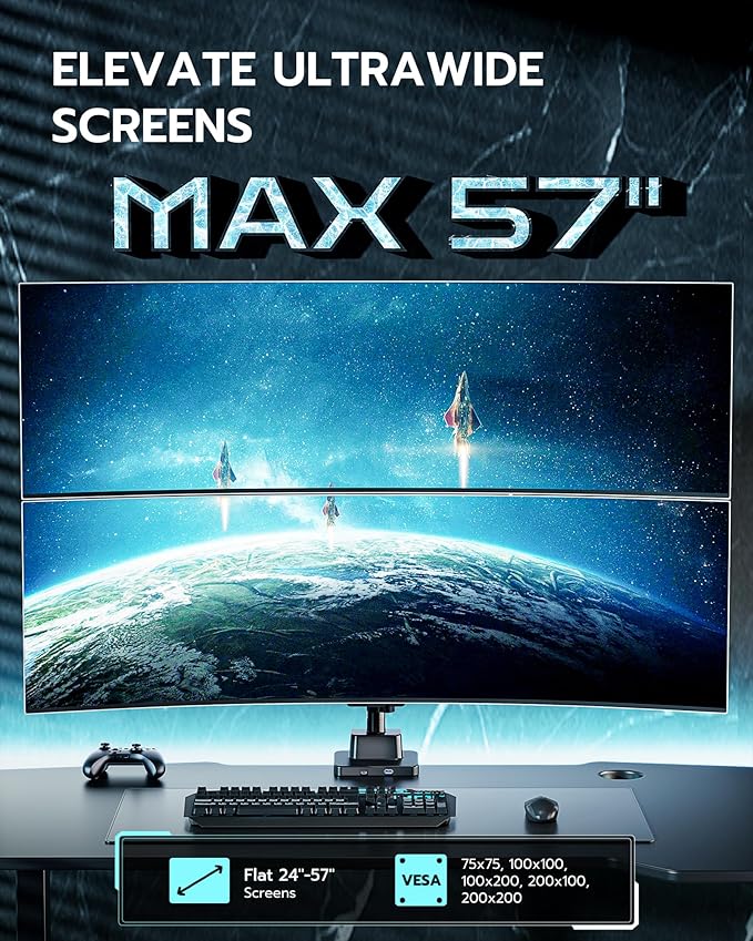 ARES WING Dual Monitor Mount, Adjustable Stacked Monitor Stand with USB A/C, Heavy Duty Gas Spring Monitor Desk Stand for 2 Monitors for 24-57 Inch Ultrawide Screen, 75/100/200 Vesa Mount, Black