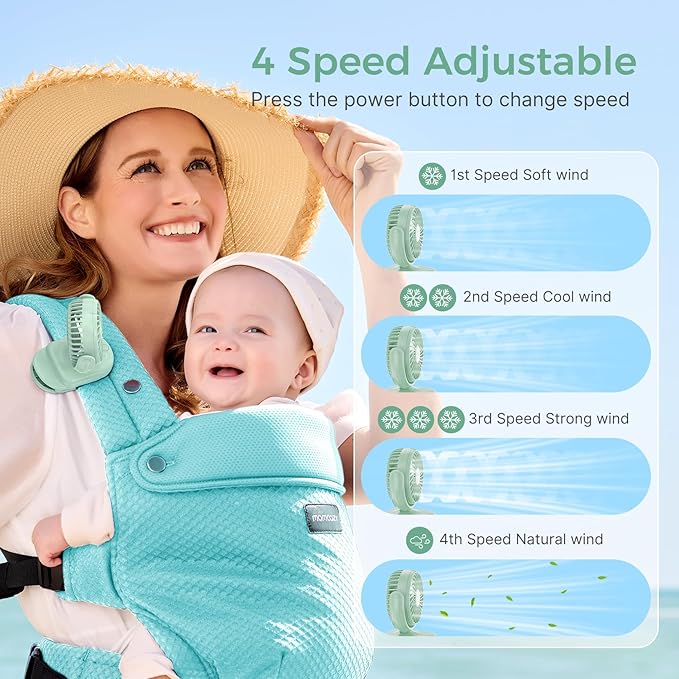 Momcozy Portable Fan with Clip | 4-Speed Mini-Fan for Carrier | Personal Fans Ultra Lighter 0.26lb | Gaps ≤4.5mm | Handheld Cooling | Rechargeable Rotate for Diaper Backpack/Stroller/Carrier/Chair
