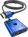 4K@60Hz HDMI Splitter Switch 2 in 1 Out, WARRKY [3.3ft Fixed Braided HDMI Cable, Aluminum Case, HDCP 2.2] Bidirectional 2x1 Switcher UHD Compatible for PS5/4, Nintendo Switch, Roku, FireStick – Blue