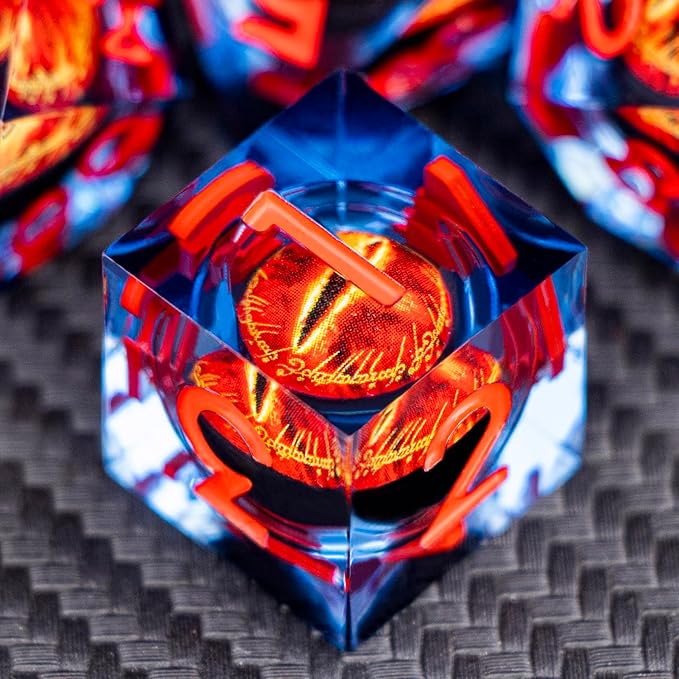 ARUOHHA DND Resin Dice Gazes Eye Dice Blue Red Liquid Core Flaming RPG Sharp Edged Dice Set with Gift Box, Polyhedral D and D Dice Set Compatible with Dungeons Dragons Role Playing Game D20 D6