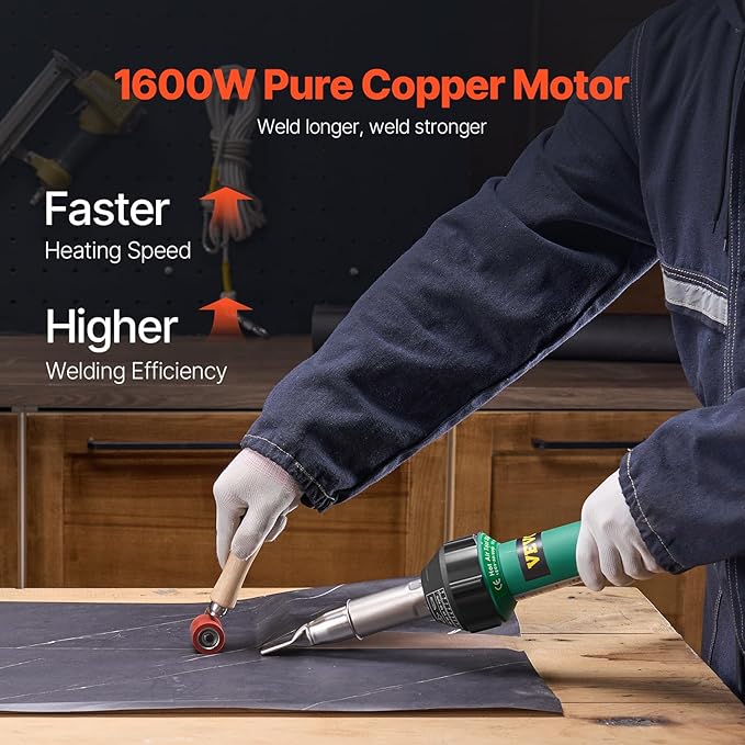 VEVOR Hot Air Plastic Welder, 1600W Hot Air Torch Pistol, 122-1112℉ PVC TPO Vinyl Heat Gun Welding Torch, Plastic Roofing Welding Kit with 9 Accessories- 4 Nozzles & 4 Seam Rollers for PP/PE/PVC Sheet