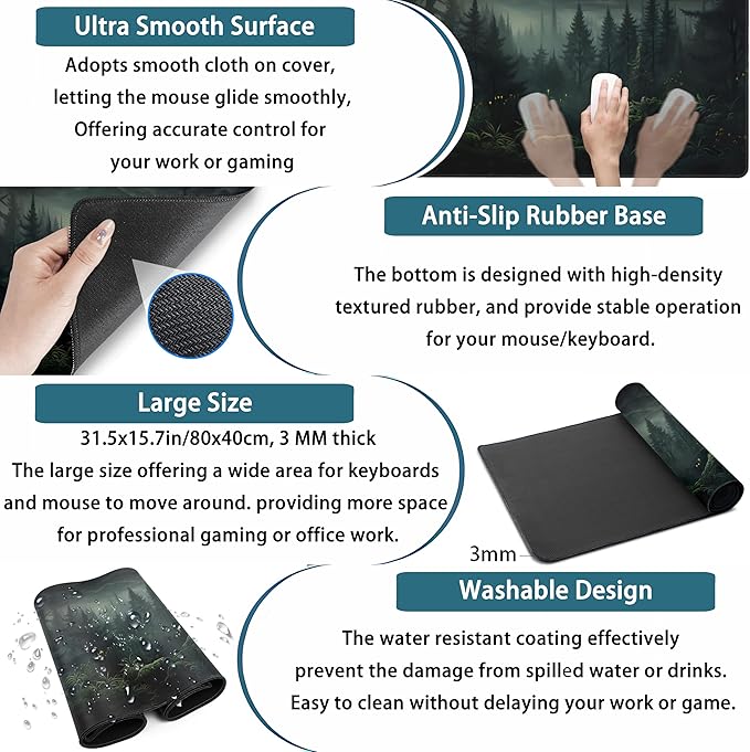 Cute Dark Gloomy Forest Desk Mat, Gothic XXL Large Extended Gaming Mouse Pad Mat, Non-Slip Rubber Base Mousepad Computer Keyboard and Mouse Mat, Desk Pad with Stitched Edges, 31.5x15.75 in