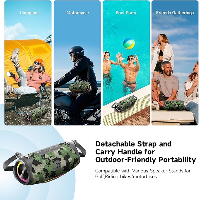 Portable Bluetooth Speaker 80W RMS,120W Peak Loud Subwoofer Wireless Stereo with HD Sound,8H Playtime IPX7 Waterproof for Party cmaping Beach (CAMO-80W RMS/120W Peak)
