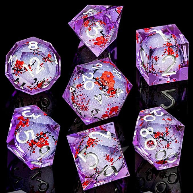 ARUOHHA DND Resin Dice Plum Blossom Liquid Core Silver Purple Sharp Edged Polyhedral Dragons Dice Set with Gift Box, Dungeons D and D Dice Compatible with D&D Role Playing Game D20 D12 D8 D6 D4