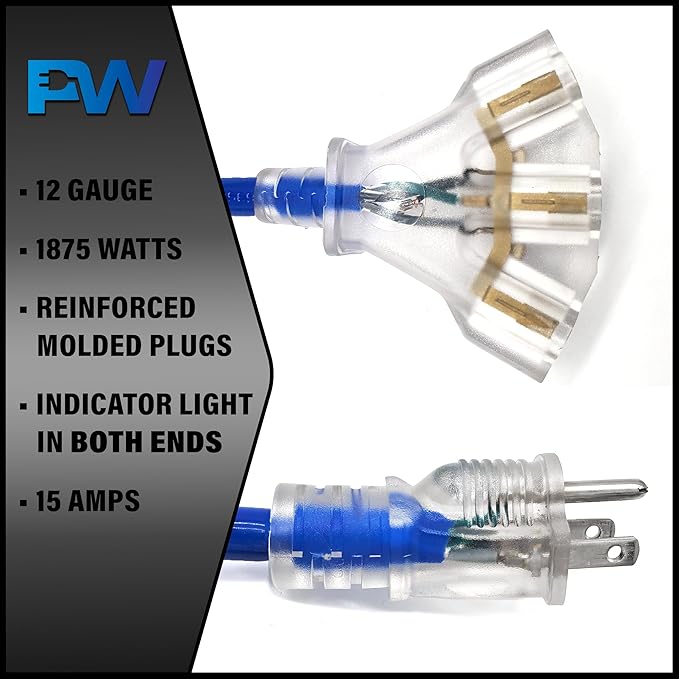 6 ft - 12 Gauge Heavy Duty Extension Cord - Lighted on Both Ends - SJTW Blue - Outdoor Extension_Cord Waterproof 6 ft by Premier Wire - 15 Amp ExtensionCord (6 Foot 12-Awg Power Cord Blue)