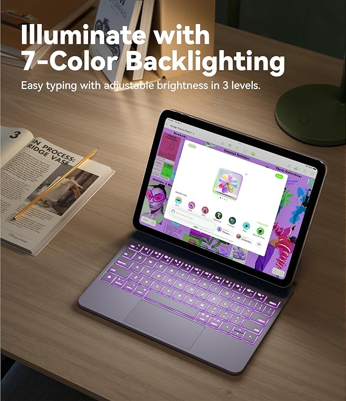 GreenLaw for iPad 11th(A16,2025)/10th(2022) Generation Case with Keyboard, Magic-Style Keyboard Stand, 7 Color Backlit, Stain-Resistant Surface, Multi-Touch Trackpad, Light Purple