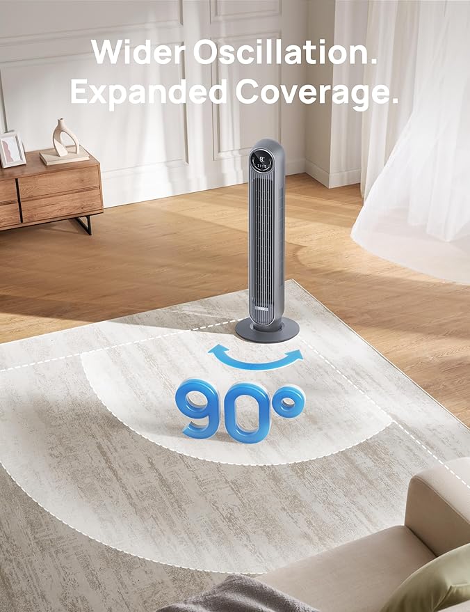 Dreo Tower Fan for Bedroom, 25ft/s Velocity Quiet Floor Fan, 90° Oscillating Fans for Indoors with 4 Speeds, 4 Modes, 8H Timer, Bladeless Fan, Standing Fans, Grey, Nomad One (DR-HTF007)