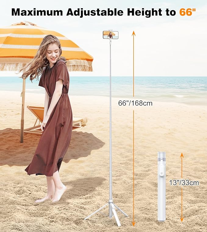 TONEOF 66" Automatic Phone Tripod with Magnetic Rechargable Remote,Selfie Stick 360° Vertical & Horizontal Rotatable,Stable for iPhone/Android((White)