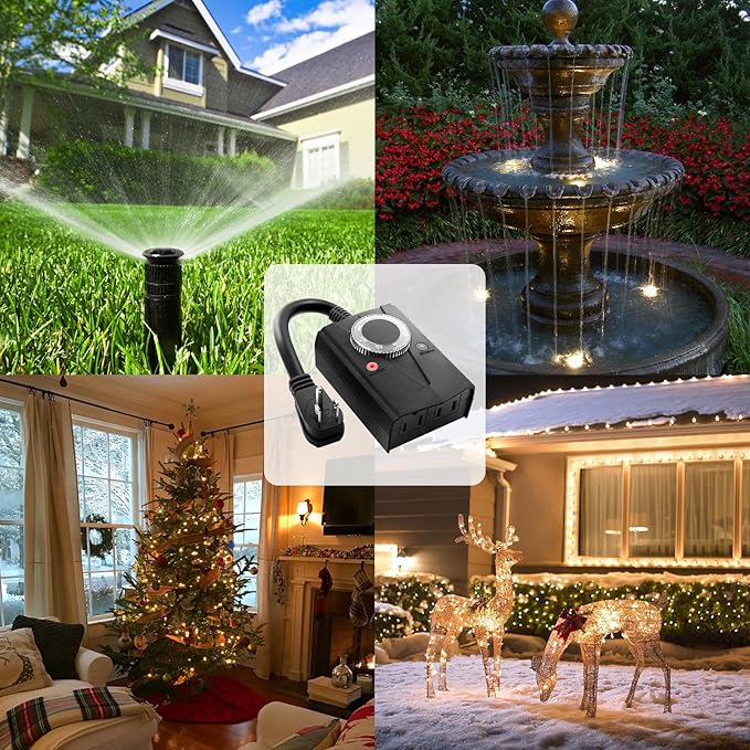 Brightown Outdoor Light Sensor Timer Waterproof, Mechanical Plug in Timer Switch, Outdoor Light Timer for Electrical Outlets, 2 Grounded Electrical Outlets for Christmas String Lights, Lighting Decor