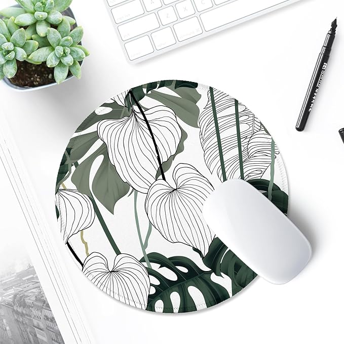 ITNRSIIET Round Mouse Pad with Stitched Edge Premium-Textured Waterproof Non-Slip Rubber Base Desktop Protection Mat Diameter 8.7 inches, Tropical Plant
