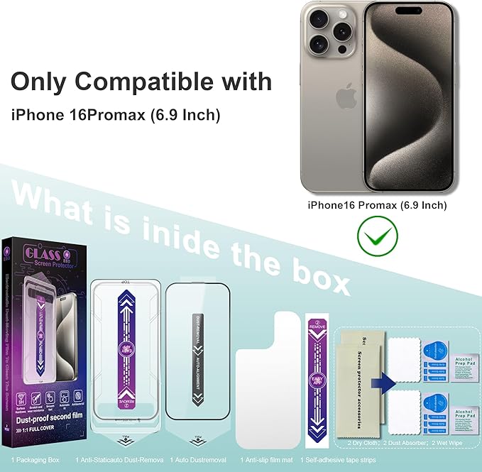 2 Pack Screen Protector Tempered Glass for iPhone 16 Pro Max 6.9-Inch Auto Dust Removal, No Bubbles, High Definition Clear, Easy Installation