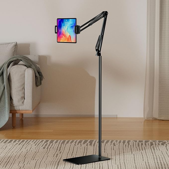 Tablet Floor Stand & Kindle Holder, Overhead Bed Reading Stand with 360° Rotatable Clamp and Height Adjustable Flexible Long Arm, Compatible with Kindle, iPad mini/Air/Pro, and 4.7-14 Inch Devices