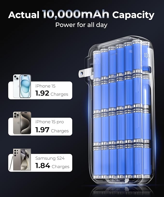 1 Pack Portable Charger with Built-in USB-C Cable & Plug, 10,000mAh 5V/4.5A Power Bank Fast Charging 22.5W, Travel Essential Battery Pack 3 Output for iPhone 16/15 Series, Samsung Galaxy, iPad