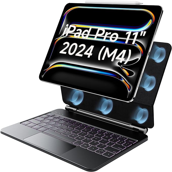 HOU iPad Pro 11 Inch Case with Keyboard M4 2024(ONLY),Magic Keyboard iPad Pro 11 Inch (5th Gen) Keyboard Case,Click-Anywhere Trackpad,7 Colors Backlight,Easy-Set,Black