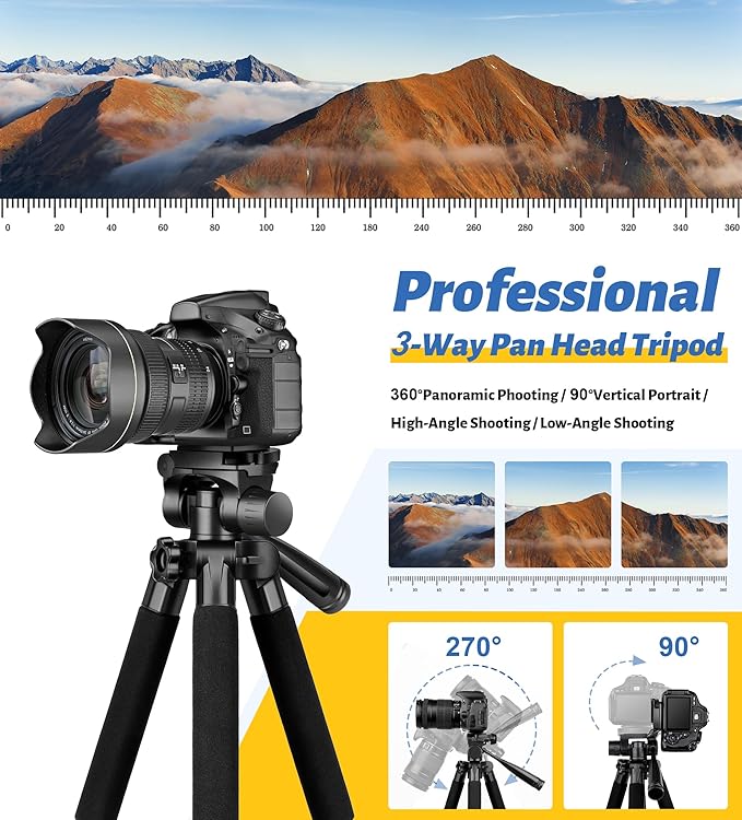 JOILCAN Tripod for Camera, 67" Heavy Duty Camera Tripod, Phone Tripods for Video Recording Photo Vlog, Aluminum Tripods with Holder & Travel Bag for Cameras DSLR iPhone Projector Laser