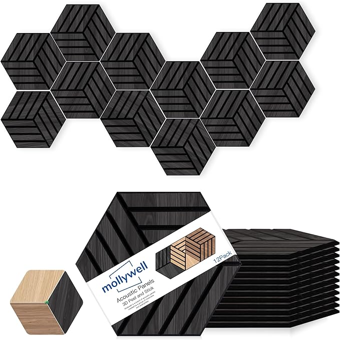 Mollywell Hexagon Acoustic Panels, Black Oak TH4, 14x12x0.4 Inch, 12 Pack |Wood Veneer|High Density Sound Proofing Wall Panels|Self Adhesive Sound Dampening Felt Wall Tiles|Home Theater|Gaming Room|