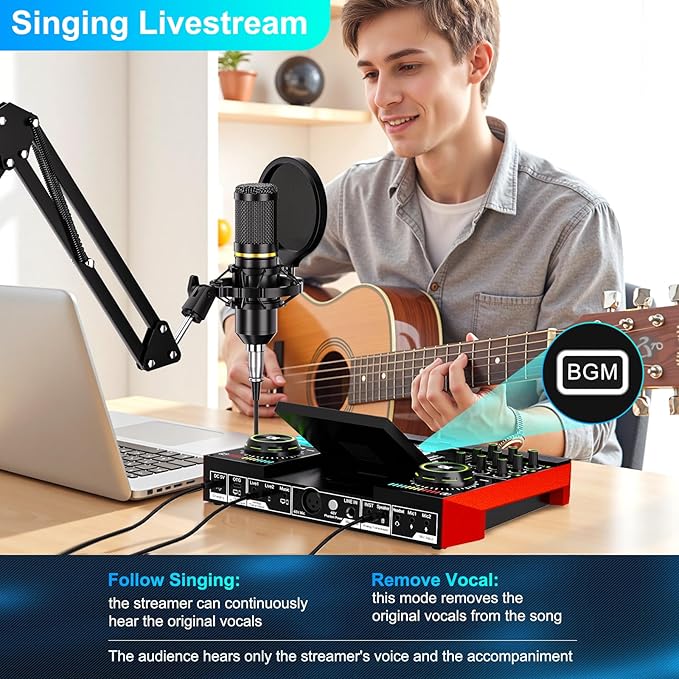 Podcast Equipment Bundle with 3.5mm Condenser Microphone for Pc/Phone Live Streaming Singing Gaming, Podcast Microphone Bundle with Live Sound Card Audio Mixer,Voice Changer, Denoise,DJ Sets
