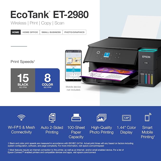 Epson EcoTank ET-2980 Wireless All-in-One Color Supertank Printer with up to 3 Years of Ink, Refillable Tanks, Perfect for Home, 15 PPM, 1.44" Color Screen, Auto 2-Sided Printing - Black