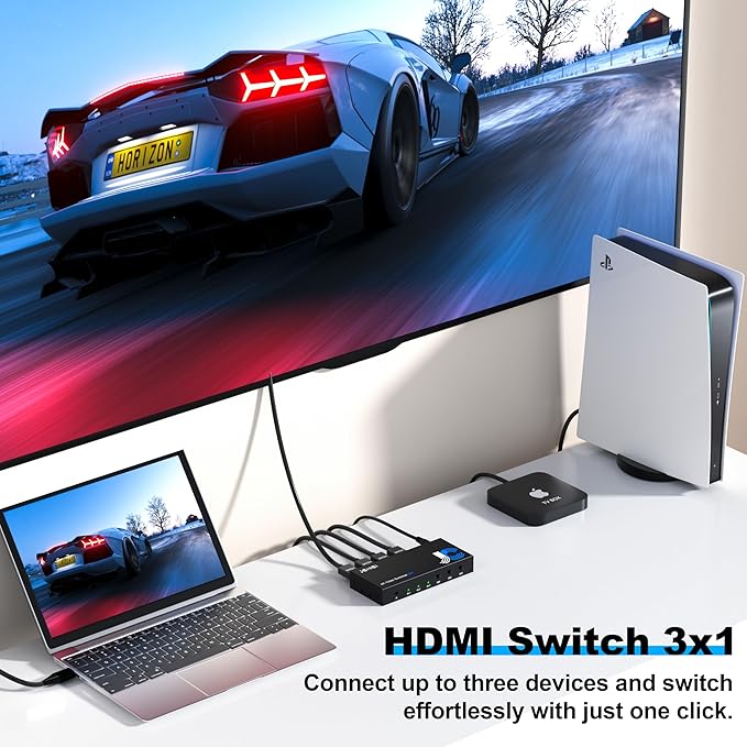 HDMI Switch 3 in 1 Out 4K@60Hz, 3 Ports HDMI Switcher Selector with Remote, Support HDCP 2.2 HD R 10+ Dolby Vision/Atmos 18Gbps CEC for Apple TV Game PC PS4 5 Pro Xbox Roku