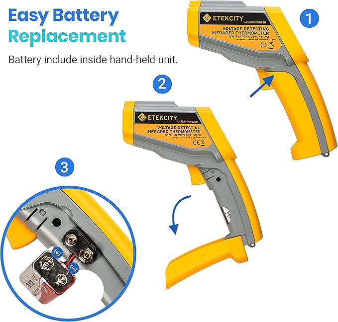 Etekcity Infrared Thermometer 1025D (Not for Human) Dual Laser Temperature Gun-58℉~1022℉ (-50℃~550℃) with Adjustable Emissivity, Non-Contact Voltage Tester (NCV), Standard Size, Yellow & Gray