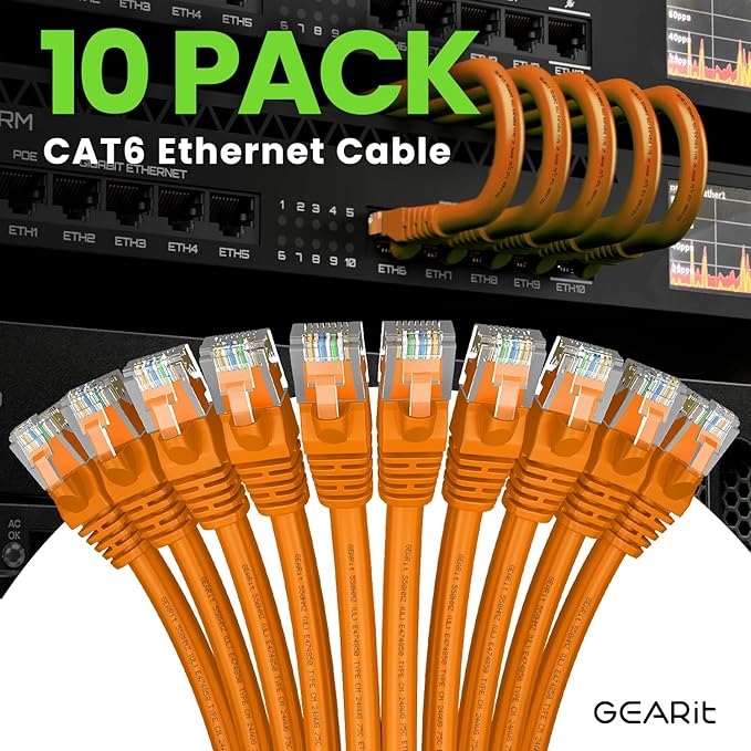 GEARit Cat 6 Ethernet Cable (10-Pack 3 Feet) Cat6 Network Patch, 10Gbps, RJ45, Snagless Cord, Gold-Plated Connectors, Internet for PC, TV, Tablet, Router, Printer, Servers, IT Data Center - Orange