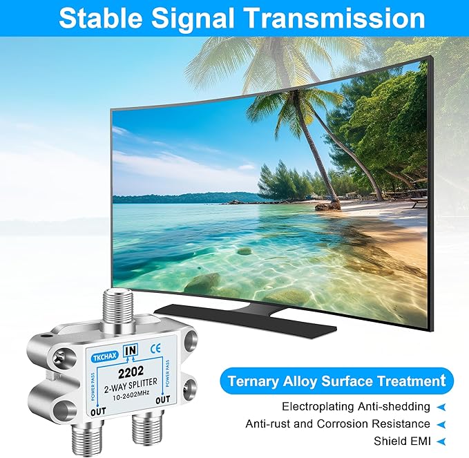 2 Way Coaxial Cable Splitter,Support 10-2602MHz, RG6 Compatible, Nickel-Plated for Cable Splitter,Work with CATV, Satellite TV,Antenna System and MoCA Configurations