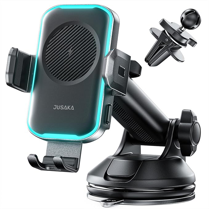 Wireless Car Charger, 15W Fast Charging Auto Clamping Car Phone Holder Mount, [Vent Clip+Suction Cup] Car Phone Holder Wireless Charger with iPhone 16/15/14/13, for Samsung Galaxy Series