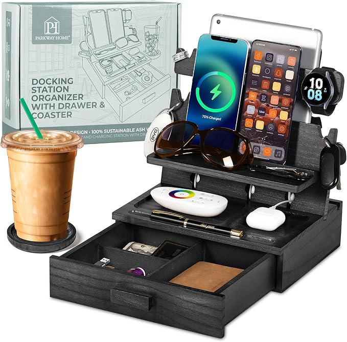 Black Wood Phone Docking Station for up to 3 Phones, Samsung Galaxy Watch Compatible Nightstand Organizer with Drawer for Valuables for Men & Women, Holds Phones, Tablets, Keys, Rings, Glasses, EDC