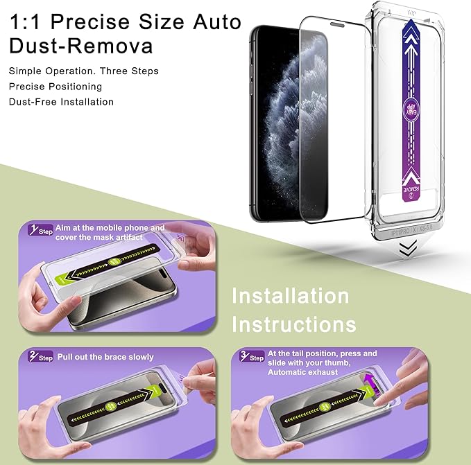 (2-Pack Ultra HD Clear Screen Protector for iPhone X/XS/11 Pro (5.8-Inch),9H Tempered Glass,Full Coverage,Anti-Fingerprint,Auto Dust Removal,Bubble-Free,Easy Installation