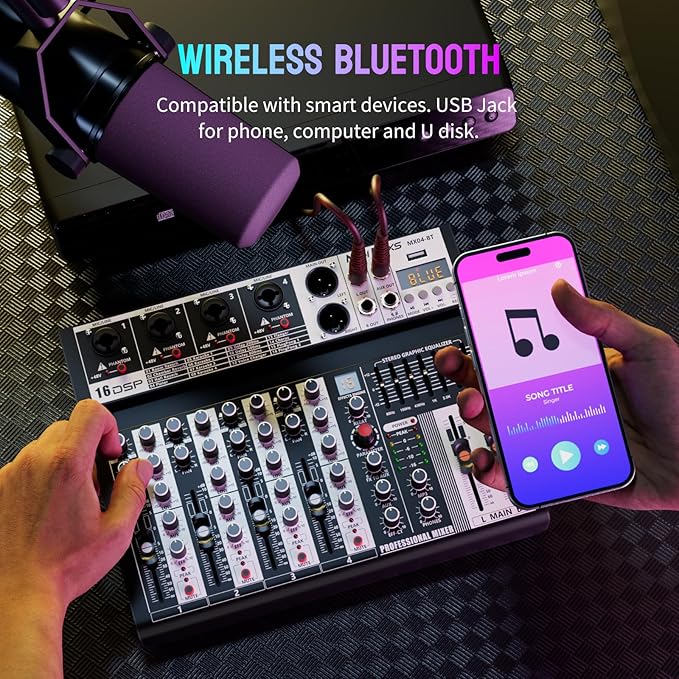 Professional Audio Mixer, 4 Channel Audio Interface Sound Board Mixing Console System Monitor, NEW BAXS 16-Bit DSP DJ Bluetooth Mixer +48V Phantom Effect For Karaoke Studio Streaming Recording