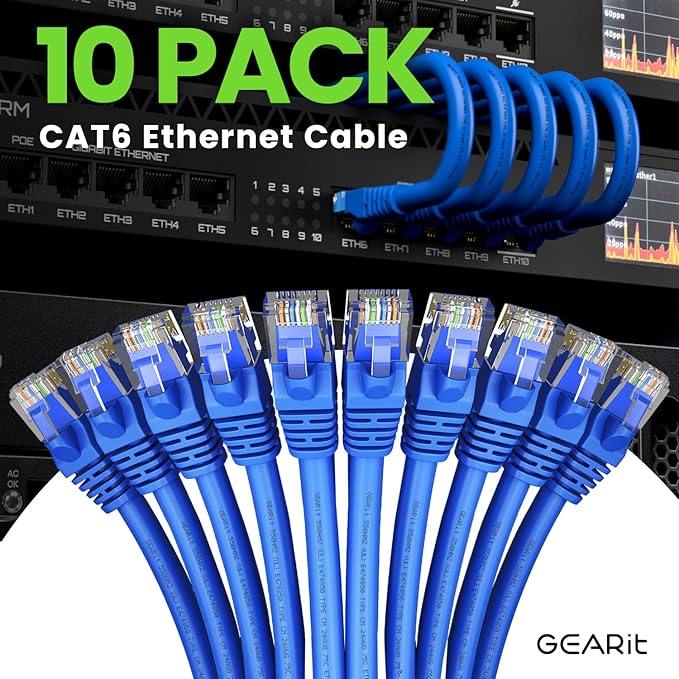 GearIT Cat 6 Ethernet Cable (10-Pack 4 Feet) Cat6 Network Patch, 10Gbps, RJ45, Snagless Cord, Gold-Plated Connectors, Internet for PC, TV, Tablet, Router, Printer, Servers, IT Data Center - Blue