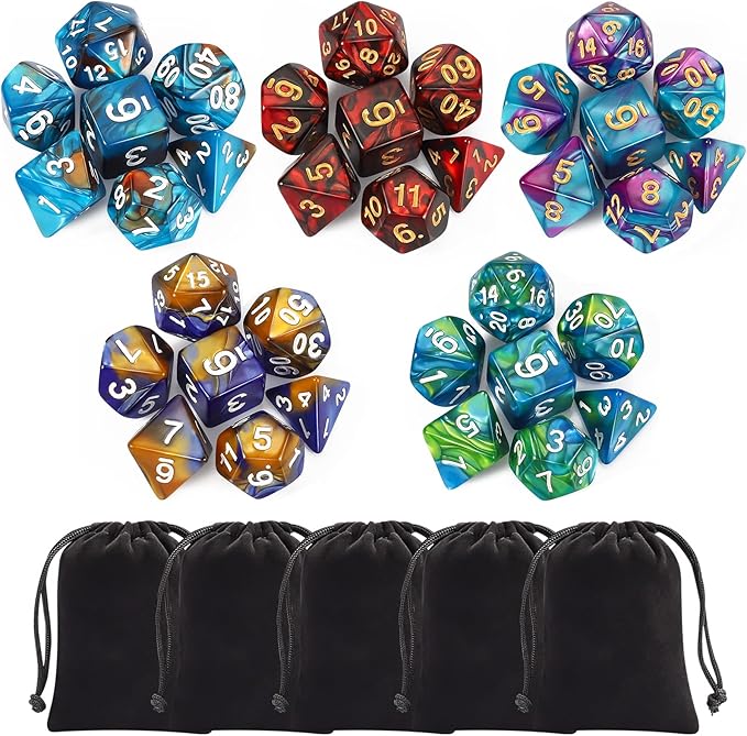 CiaraQ Polyhedral Dice Set (35 Pieces) with Black Pouches, 5 Complete Double-Colors Dice Sets of D4 D6 D8 D10 D% D12 D20 Compatible with Dungeons and Dragons DND RPG MTG Table Games