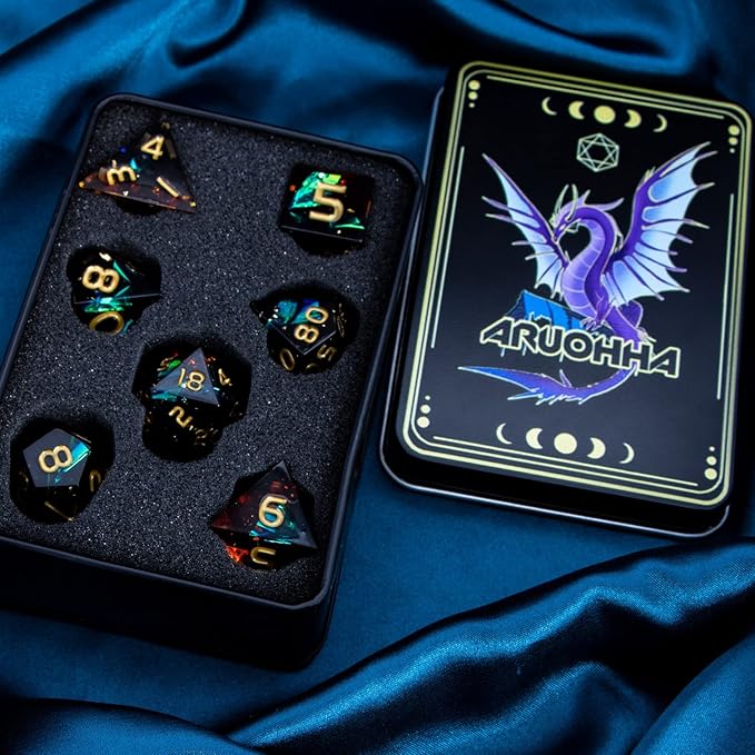 ARUOHHA DND Resin Dice Set 7Pcs Handmade Glitter Inclusions Sharp Edge Dragons Dice with Box, Role Playing Game RPG Lightning Polyhedral Dungeons D and D Dice Set