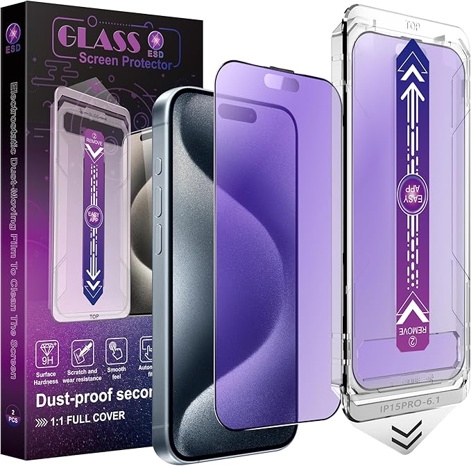 2 Pack Anti Blue Light Matte Screen Protector for iPhone 15 Pro, 9H Tempered Glass, Full Coverage, Anti-Fingerprint, Auto Dust-Elimination, No Bubble, Easy Installation