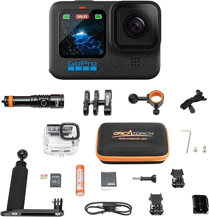 GoPro HERO12 Waterproof Action Camera Dive Kit with 5.3K60 UHD Video, 27MP HDR Photos - Bundle with Protective Housing, Video Light Pack, Camera Tray, Double Clip, 64GB microSD Card