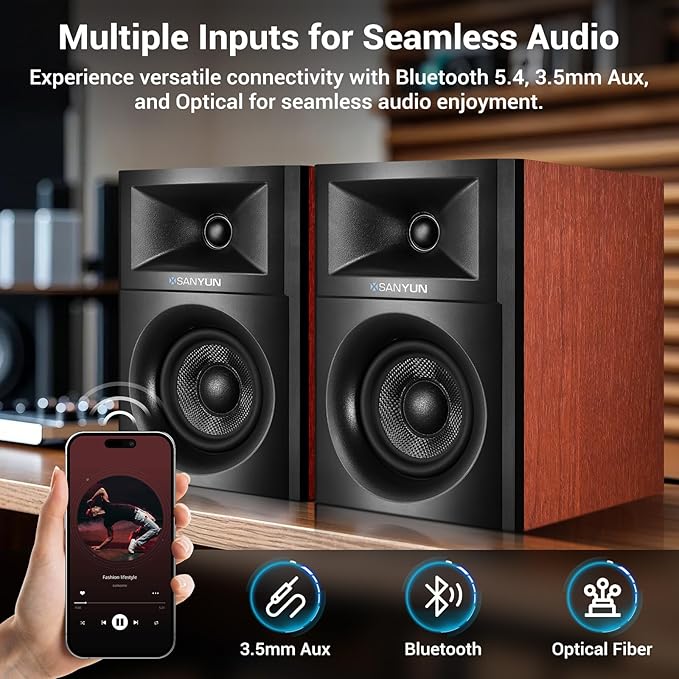 SW205 4" Bookshelf Speakers | Immersive HiFi Audio with Virtual Surround | Flagship DAC/DSP Engine | Geometric Diffusion Cabinet | 80W, Bluetooth 5.4/Optical/AUX Inputs, Wireless Remote, Red