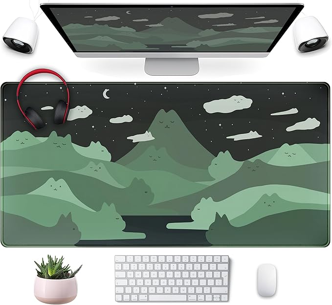 Anime Green Cats Mouse Pad Desk Pad Kawaii Cartoon Cat Desk Mat Cute, XXL Large Laptop Gaming Mousepad Keyboard Mouse Mat, Office Desk Decor matt for Women with Stitched Eges Pad, 31.5x15.75 in