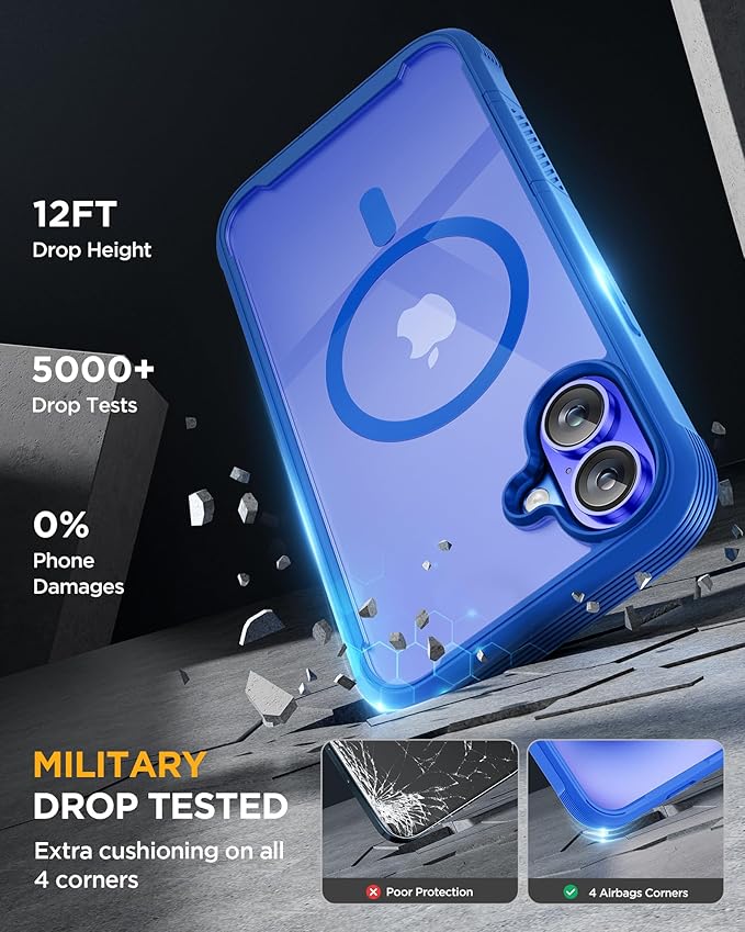 Miracase for iPhone 16 Case 6.1'', [Bubble Free] Full-Body Bumper Phone case with Built-in Full Glass Screen &Lens Protector,No Gap,Compatible with MagSafe,Drop Proof 16 Cover,Blue