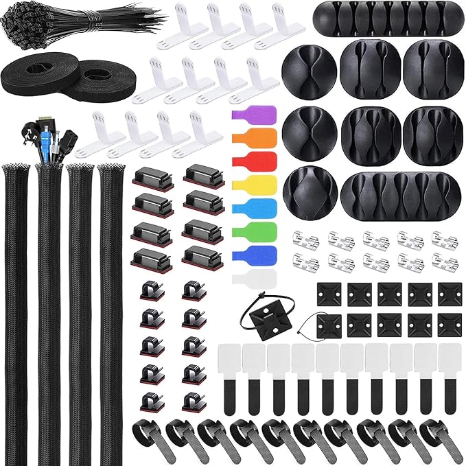 193 PCS Cable Management Kit - 4 Cable Sleeve, 57 Self Adhesive Cable Clips, 12 Hanging Strips, 12 Cable Organizer Straps and 100 Fastening Cable Ties for TV Computer Under Desk (Black)